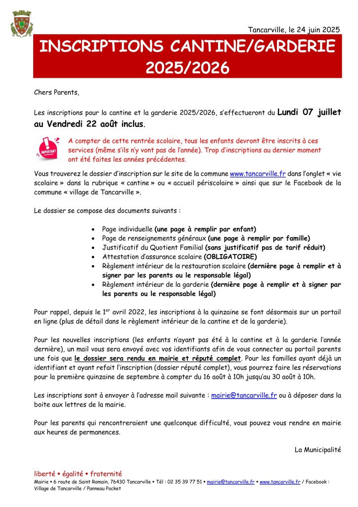 Inscriptions cantine/garderie 