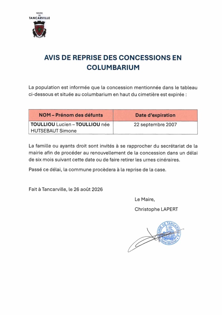 Avis de reprise d'une concession en columbarium